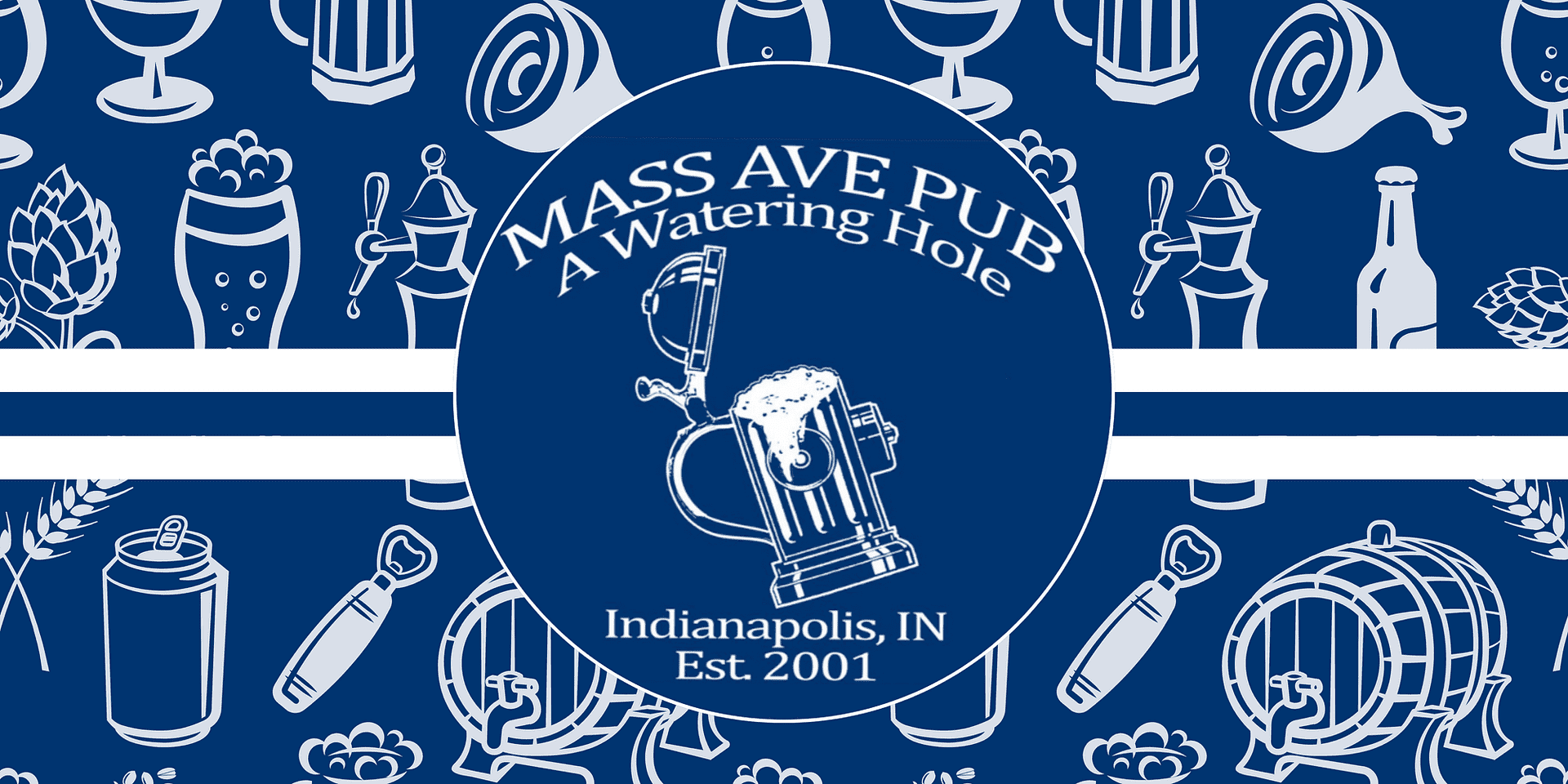 Mass Ave Pub logo with beer mugs, hops, and barrels. Established 2001 in Indianapolis, IN.